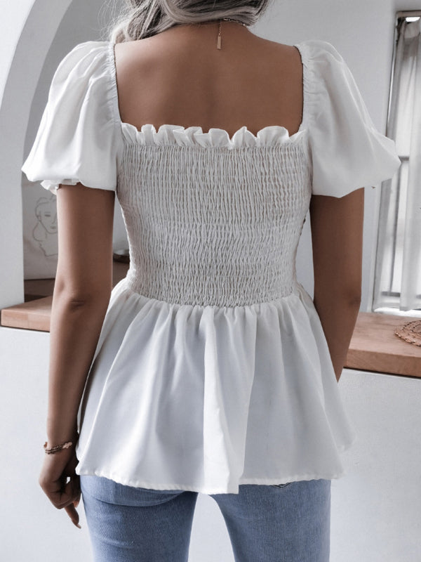 Einfarbiges Chiffon-Hemdoberteil mit Ballonärmeln und Rüschen für Damen