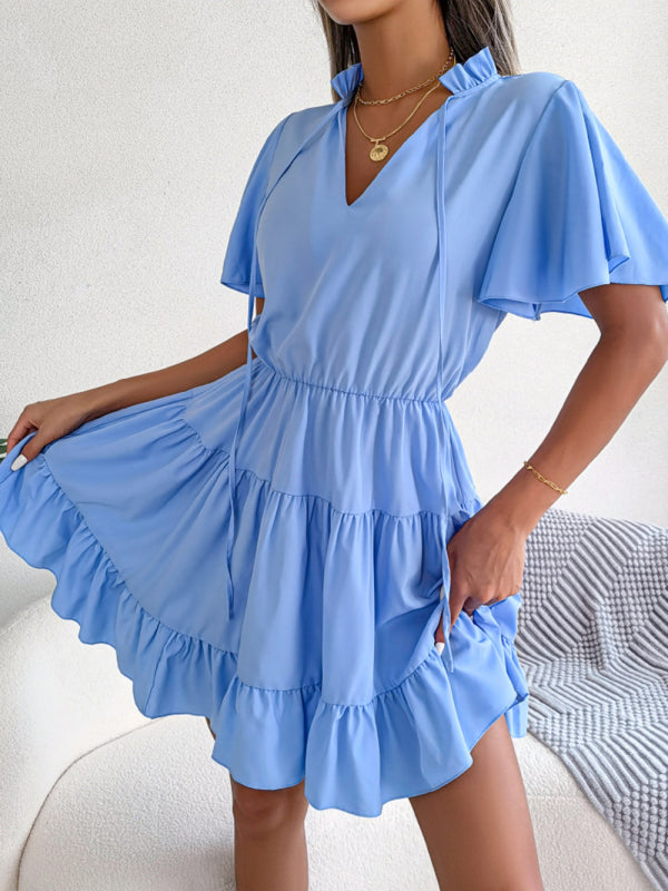 Einfarbiges Lotusblatt-Swing-A-Linien-Kleid für Damen