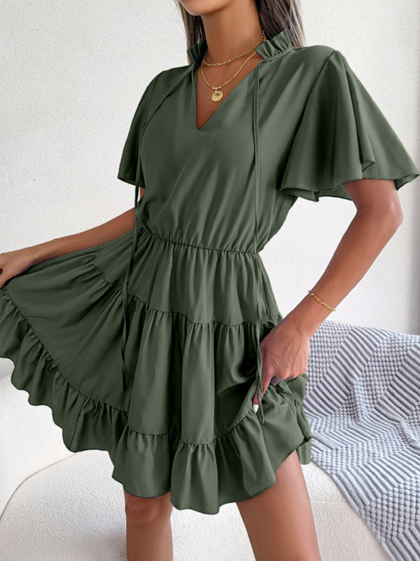Einfarbiges Lotusblatt-Swing-A-Linien-Kleid für Damen