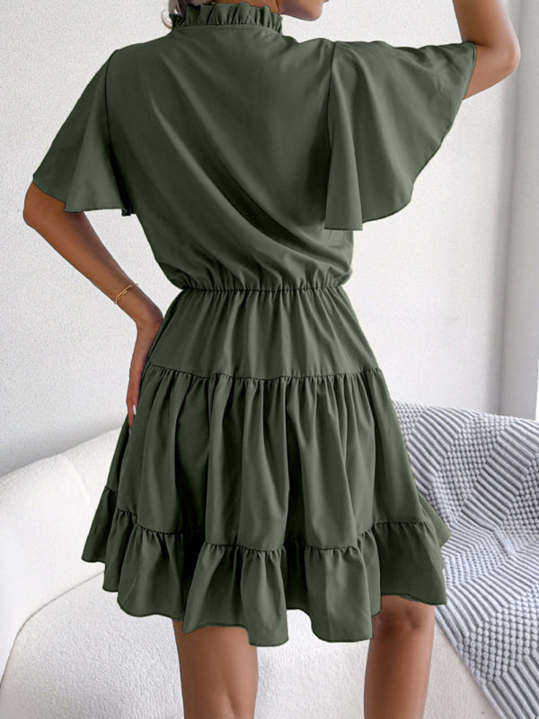 Einfarbiges Lotusblatt-Swing-A-Linien-Kleid für Damen