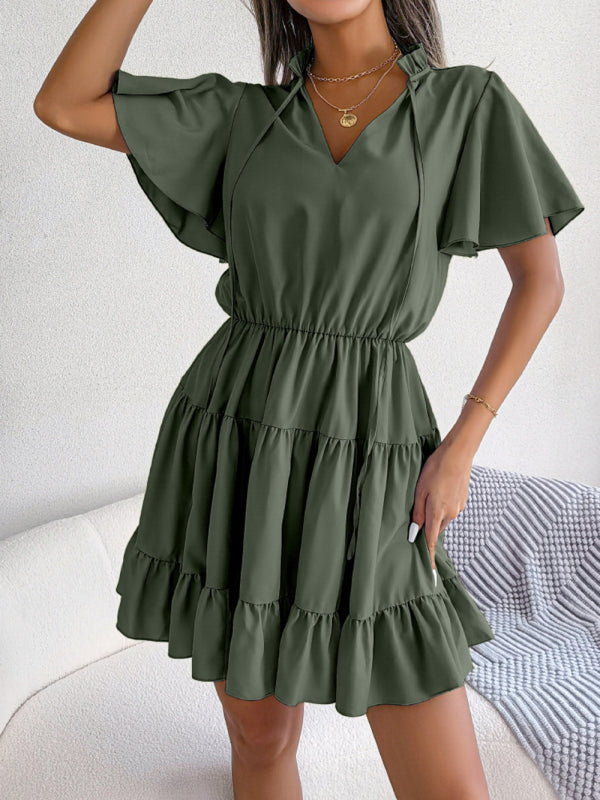 Einfarbiges Lotusblatt-Swing-A-Linien-Kleid für Damen