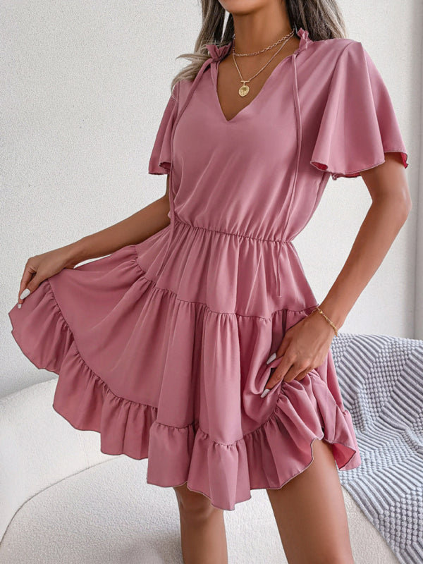 Einfarbiges Lotusblatt-Swing-A-Linien-Kleid für Damen