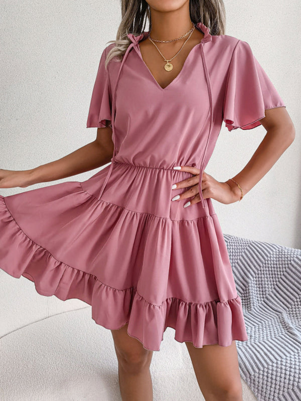 Einfarbiges Lotusblatt-Swing-A-Linien-Kleid für Damen