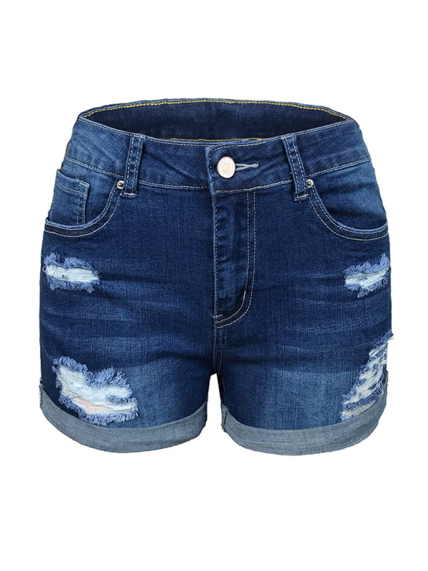 Damen-Stretch-Jeansshorts mit mittelhohem Bund und Löchern