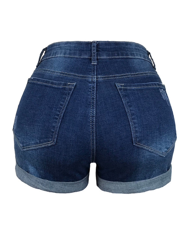 Damen-Stretch-Jeansshorts mit mittelhohem Bund und Löchern