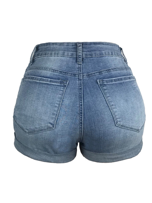 Damen-Stretch-Jeansshorts mit mittelhohem Bund und Löchern