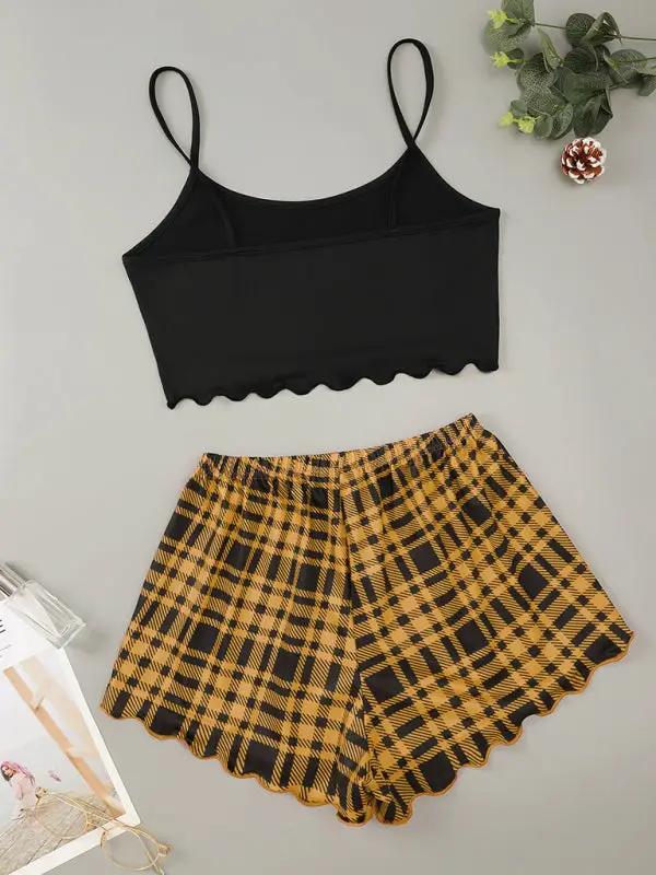 Back view of black camisole and yellow plaid shorts set