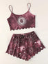 Front view of purple tie-dye camisole and shorts set