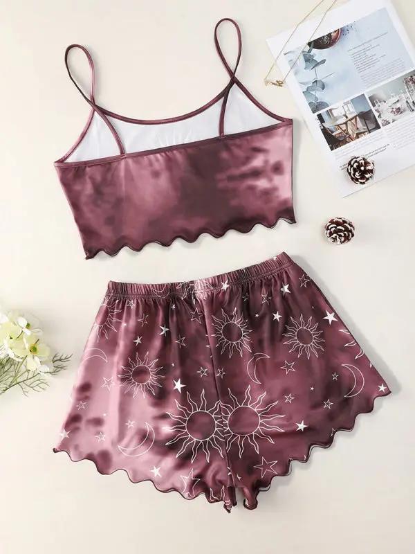 Purple tie-dye camisole and shorts with celestial print