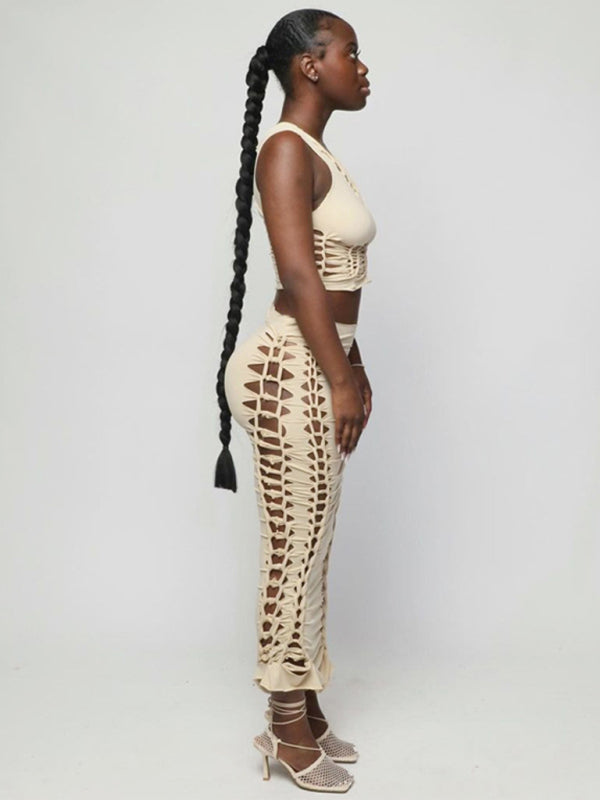 Summer Fashion Solid Color Hollow Round Neck Vest Slim Skirt Set
