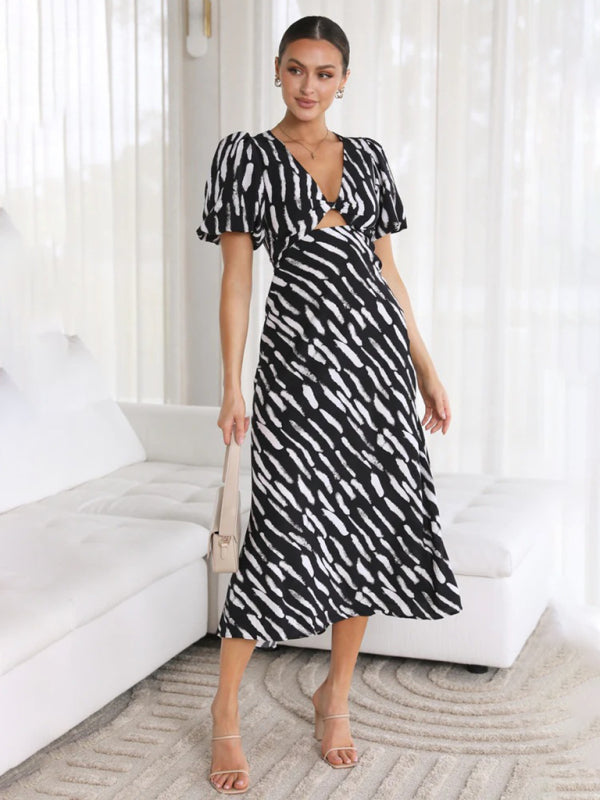 Robe midi imprimée à col en V pour femme