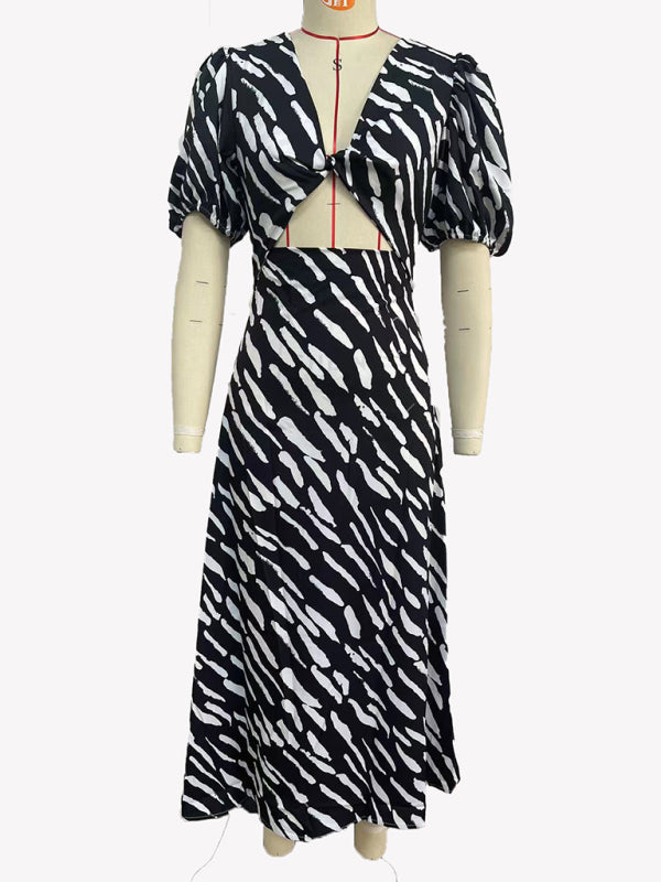 Robe midi imprimée à col en V pour femme
