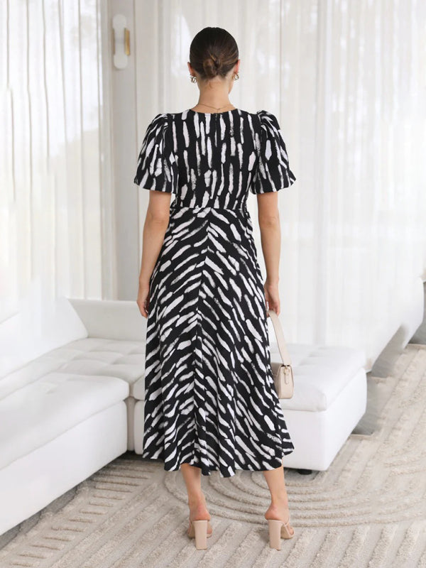 Robe midi imprimée à col en V pour femme