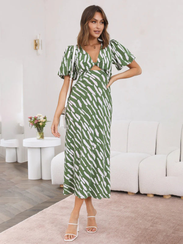 Robe midi imprimée à col en V pour femme