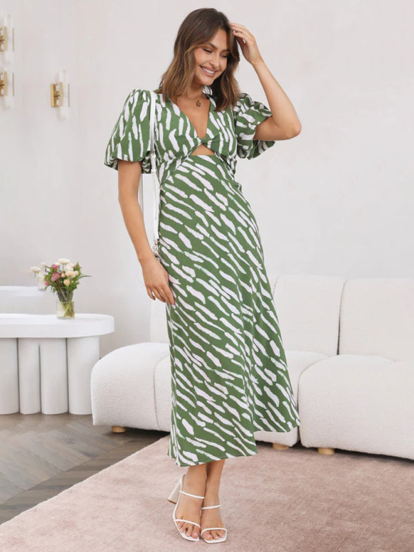 Robe midi imprimée à col en V pour femme