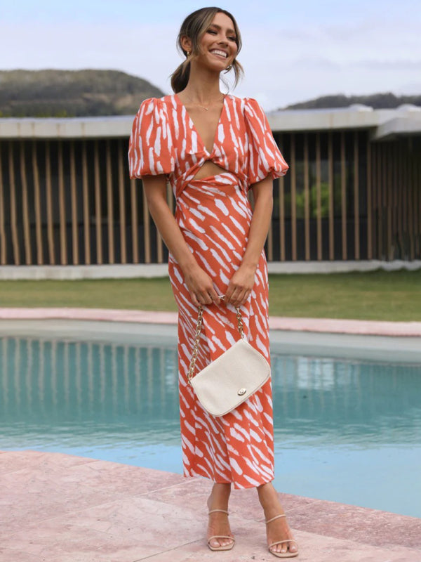 Robe midi imprimée à col en V pour femme