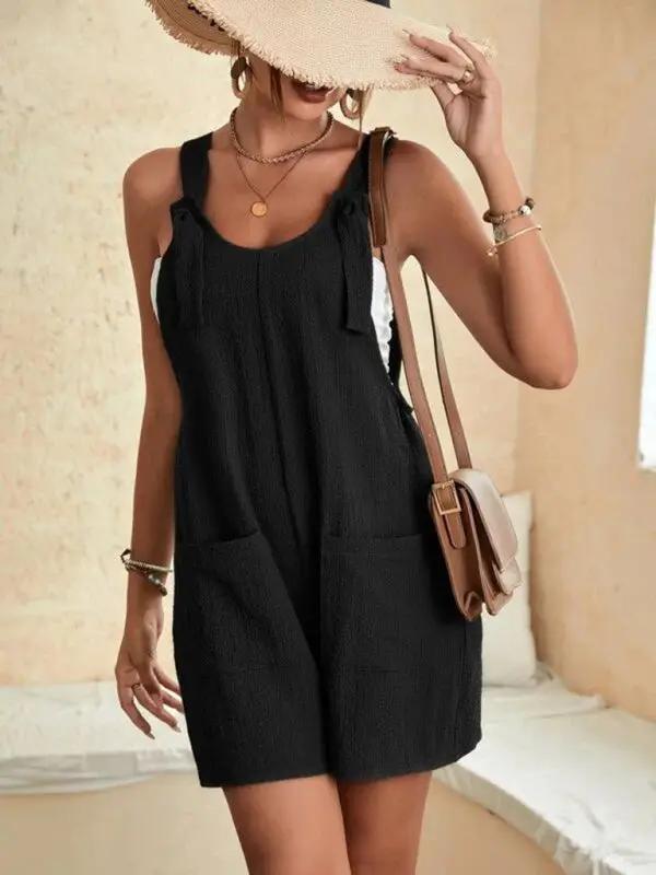 Black lace-up casual overalls with patch pockets