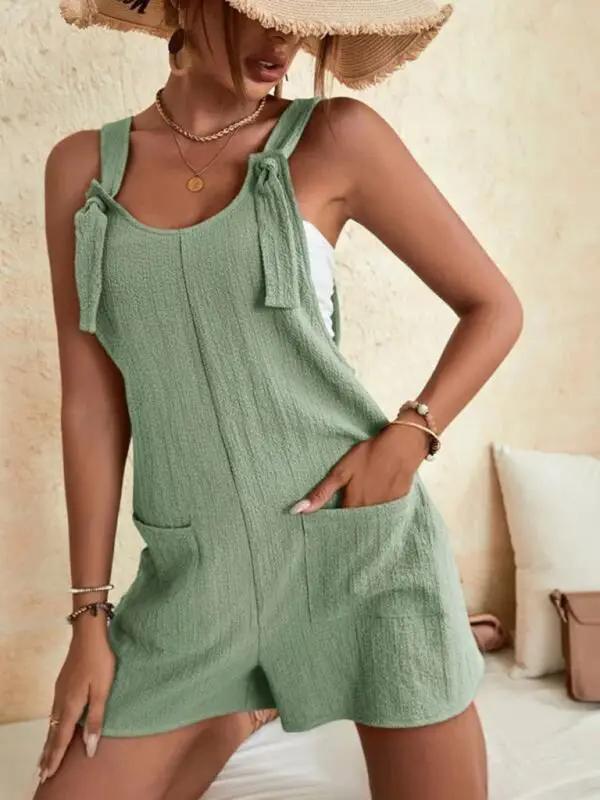 Green patch pocket lace-up casual overalls