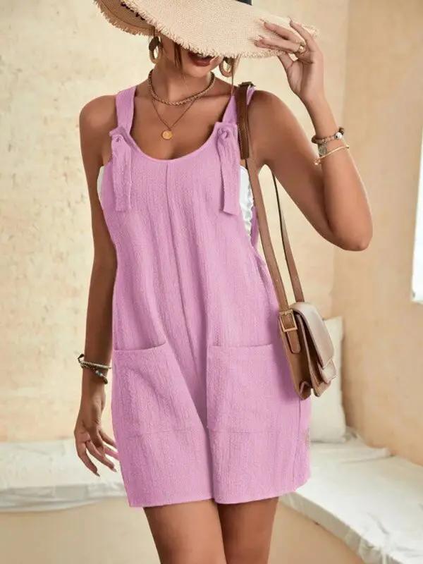 Blue lace-up casual overalls with patch pockets
