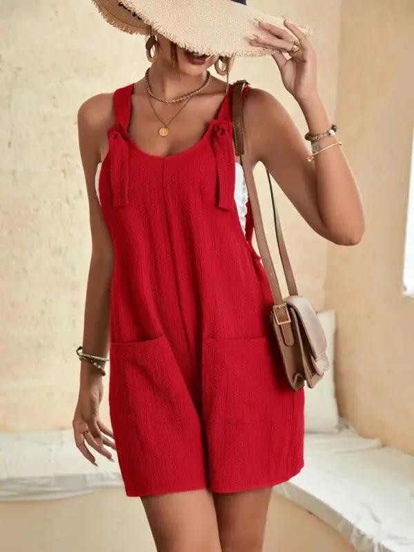 Red casual overalls with patch pockets and lace-up detail