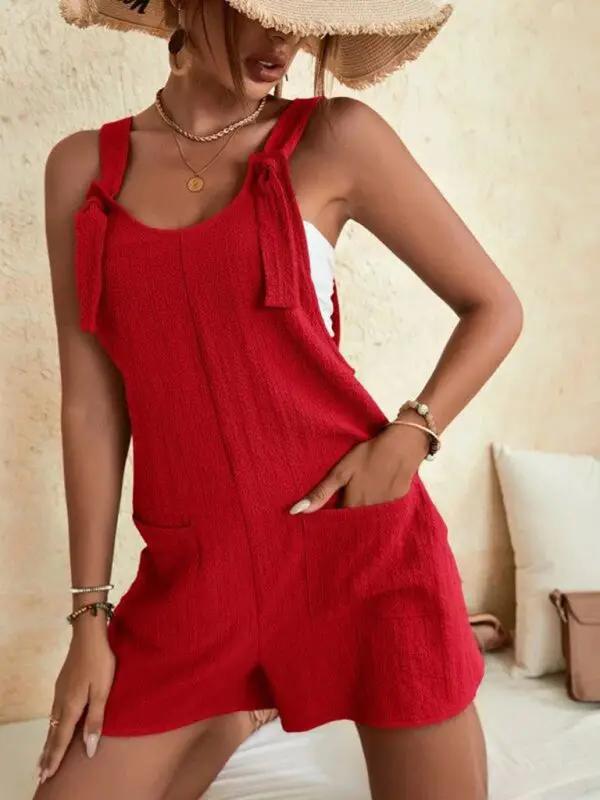 Red patch pocket lace-up casual overalls