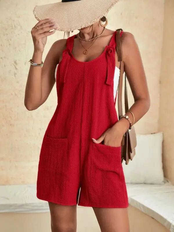 Red lace-up overalls with patch pockets