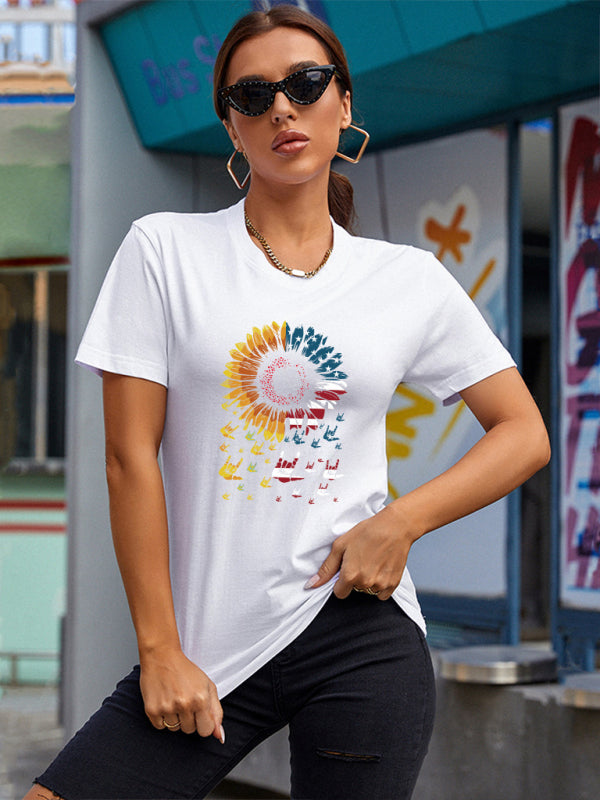 Kurzarm-T-Shirt mit Sonnenblumen-Flaggen-Print für Damen