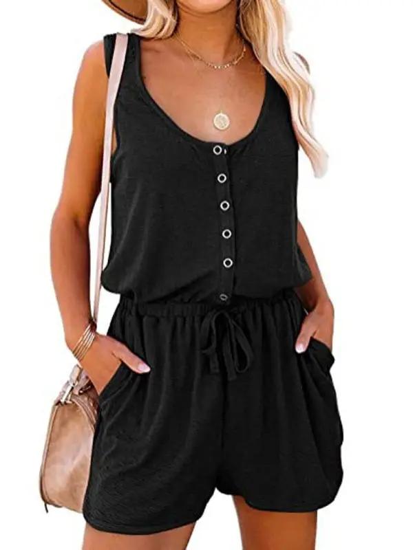 Black sleeveless jumpsuit with button front and waist tie