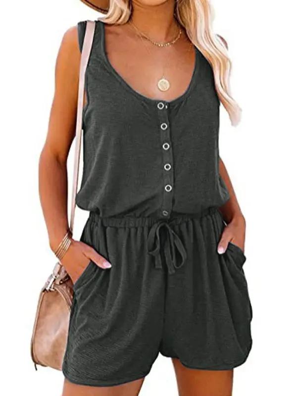 Green sleeveless jumpsuit with button front and waist tie