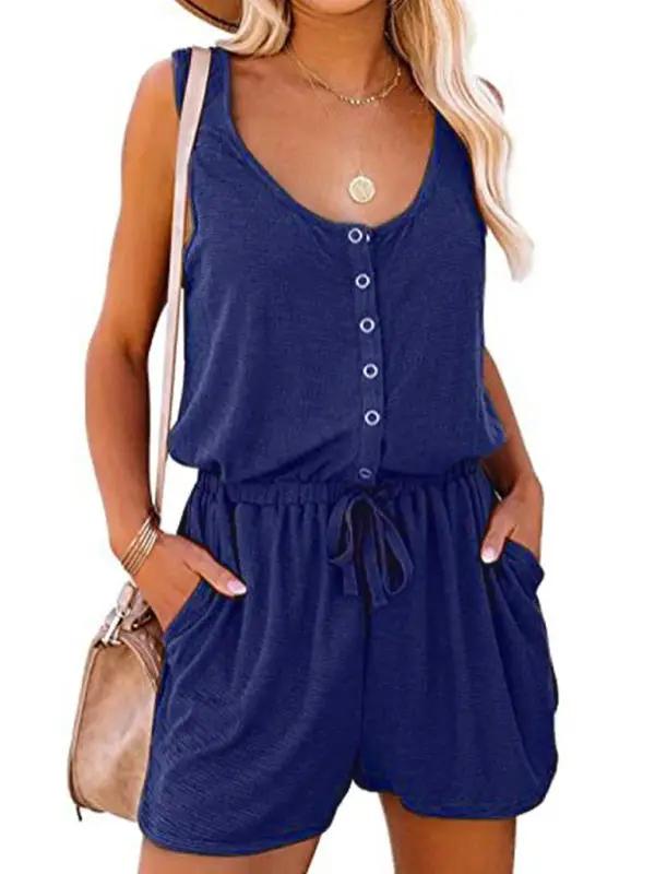 Blue sleeveless jumpsuit with button front and waist tie