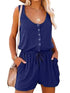 Blue sleeveless jumpsuit with button front and waist tie