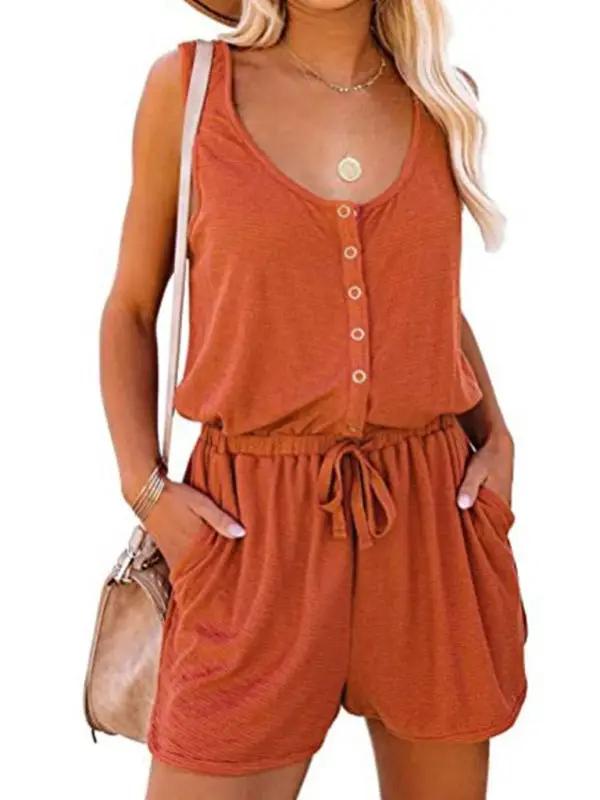 Front view sleeveless orange jumpsuit with buttons and tie