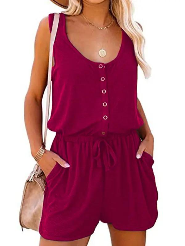 Red sleeveless jumpsuit with button front and waist tie