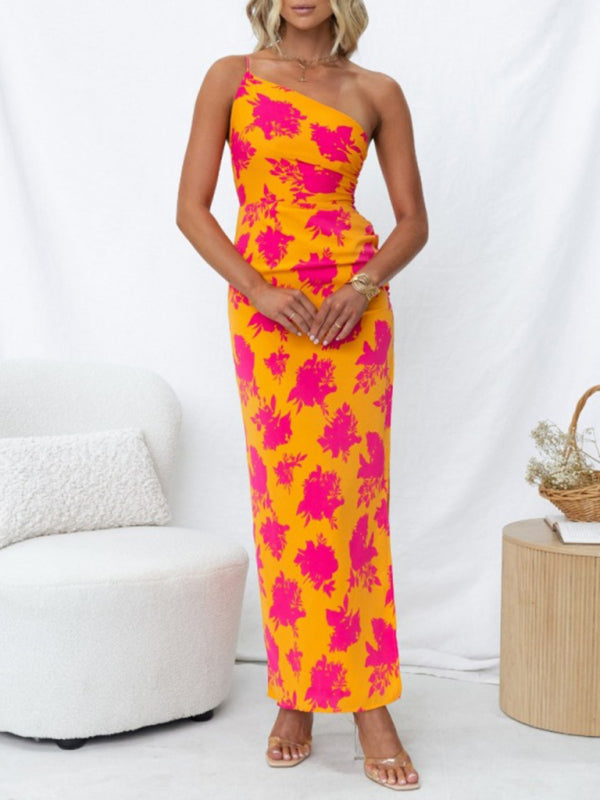 Robe dos nu imprimée pour femmes, épaules inclinées, fente latérale serrée