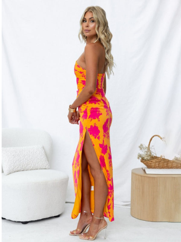 Robe dos nu imprimée pour femmes, épaules inclinées, fente latérale serrée