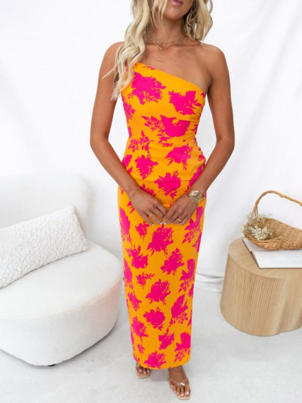 Robe dos nu imprimée pour femmes, épaules inclinées, fente latérale serrée