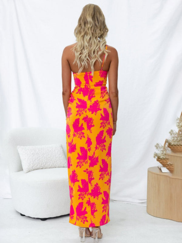 Robe dos nu imprimée pour femmes, épaules inclinées, fente latérale serrée