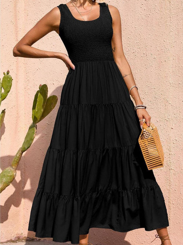 Robe trapèze sans manches à panneau plissé de couleur unie pour femmes
