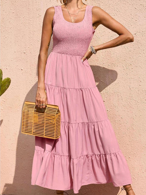 Robe trapèze sans manches à panneau plissé de couleur unie pour femmes