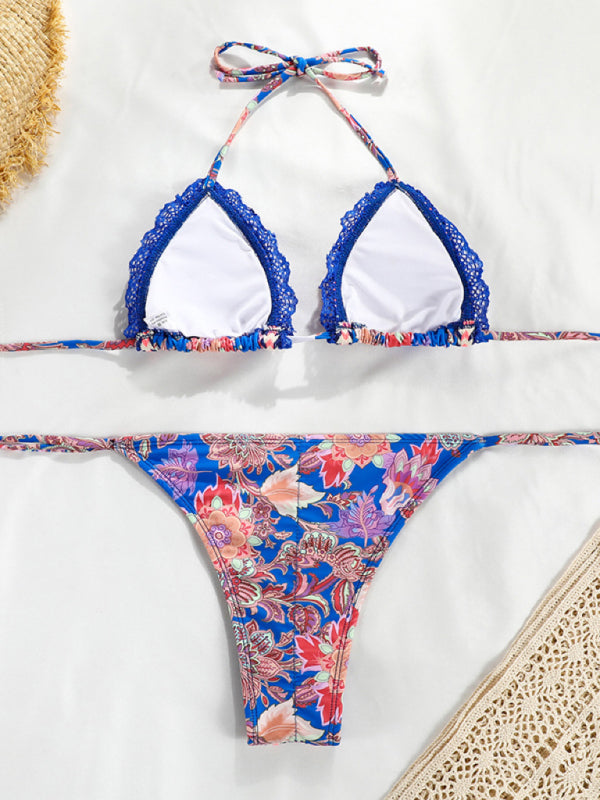 Sexy bedruckter Bikini mit Bandeinsatz und Spitzenbändern