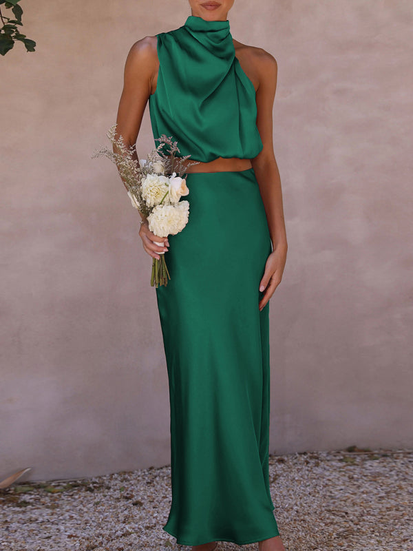 Sexy Damen-Lätzchen-Oberteil, drapierter Rock, elegantes zweiteiliges Set
