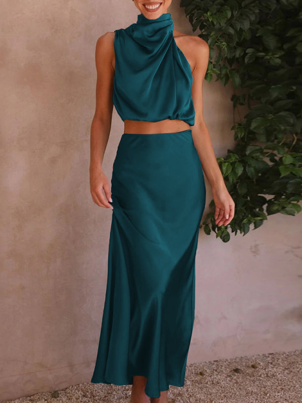 Sexy Damen-Lätzchen-Oberteil, drapierter Rock, elegantes zweiteiliges Set
