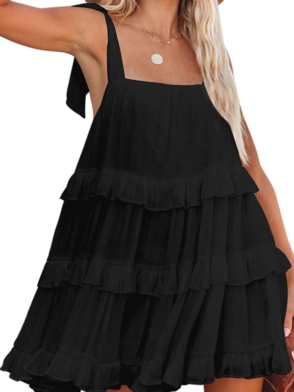 Robe à bretelles à volants de couleur unie pour femmes