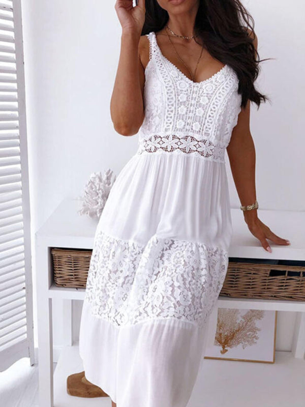 Nouvelle robe de jupe de plage à bretelles en dentelle sexy européenne et américaine