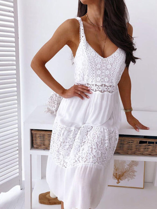 Nouvelle robe de jupe de plage à bretelles en dentelle sexy européenne et américaine