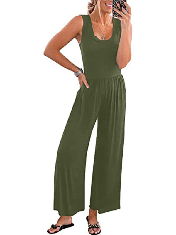 Green solid color sleeveless jumpsuit front view