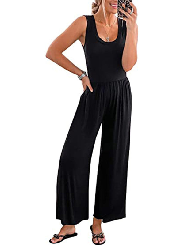 Black solid color sleeveless jumpsuit front view