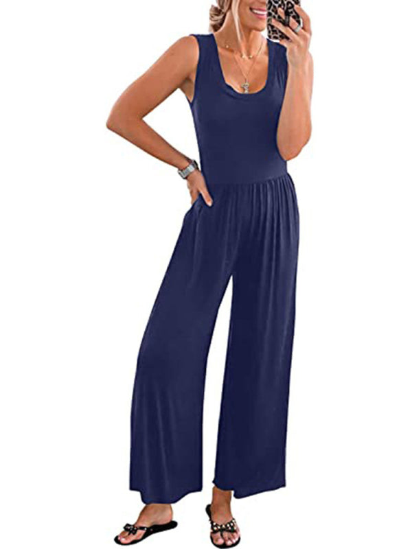 Blue solid color sleeveless jumpsuit front view
