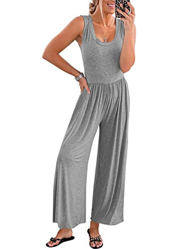 Gray solid color sleeveless jumpsuit front view