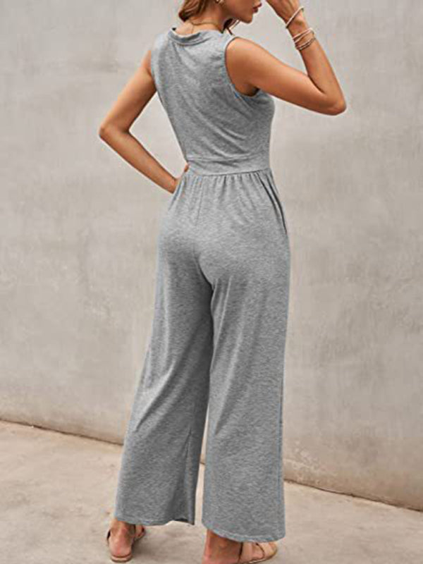 Gray sleeveless jumpsuit back view